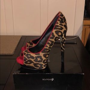 Leopard print and red platform peep toe heels